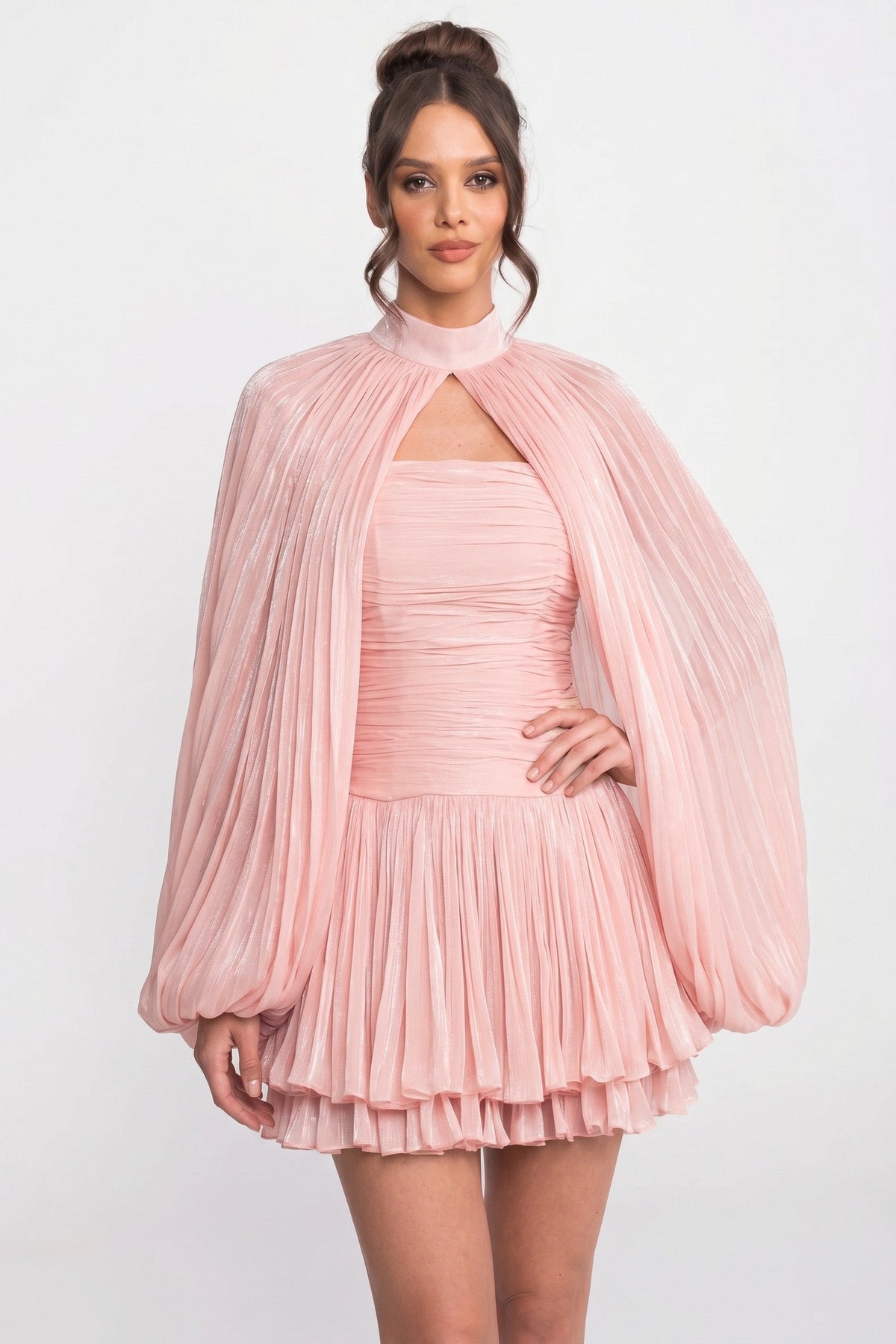 ATISSE – Women’s Pink Pleated Mini Dress – High Neck Balloon Sleeve Party Dress