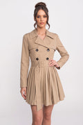 ATISSE – Women’s Pleated Trench Coat – Double-Breasted Belted Khaki Jacket
