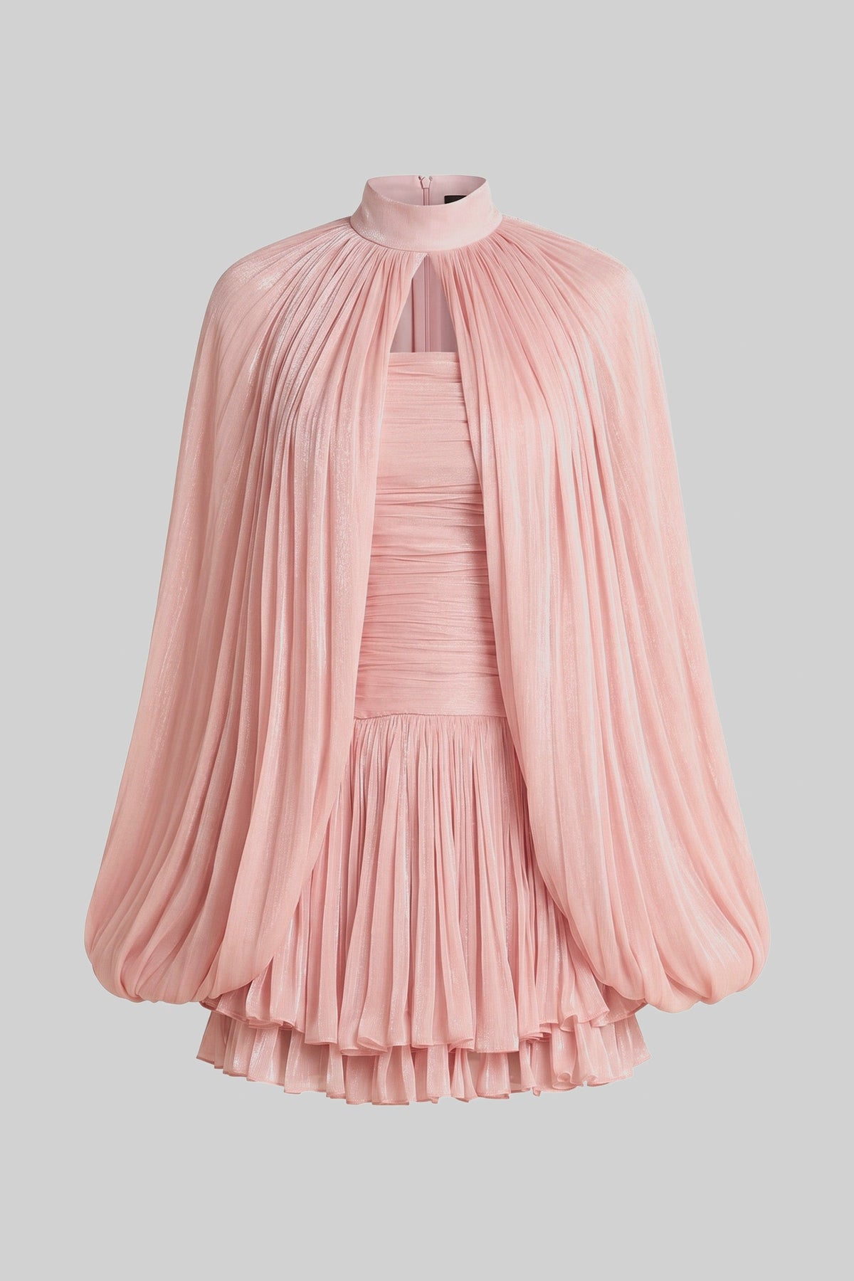 ATISSE – Women’s Pink Pleated Mini Dress – High Neck Balloon Sleeve Party Dress