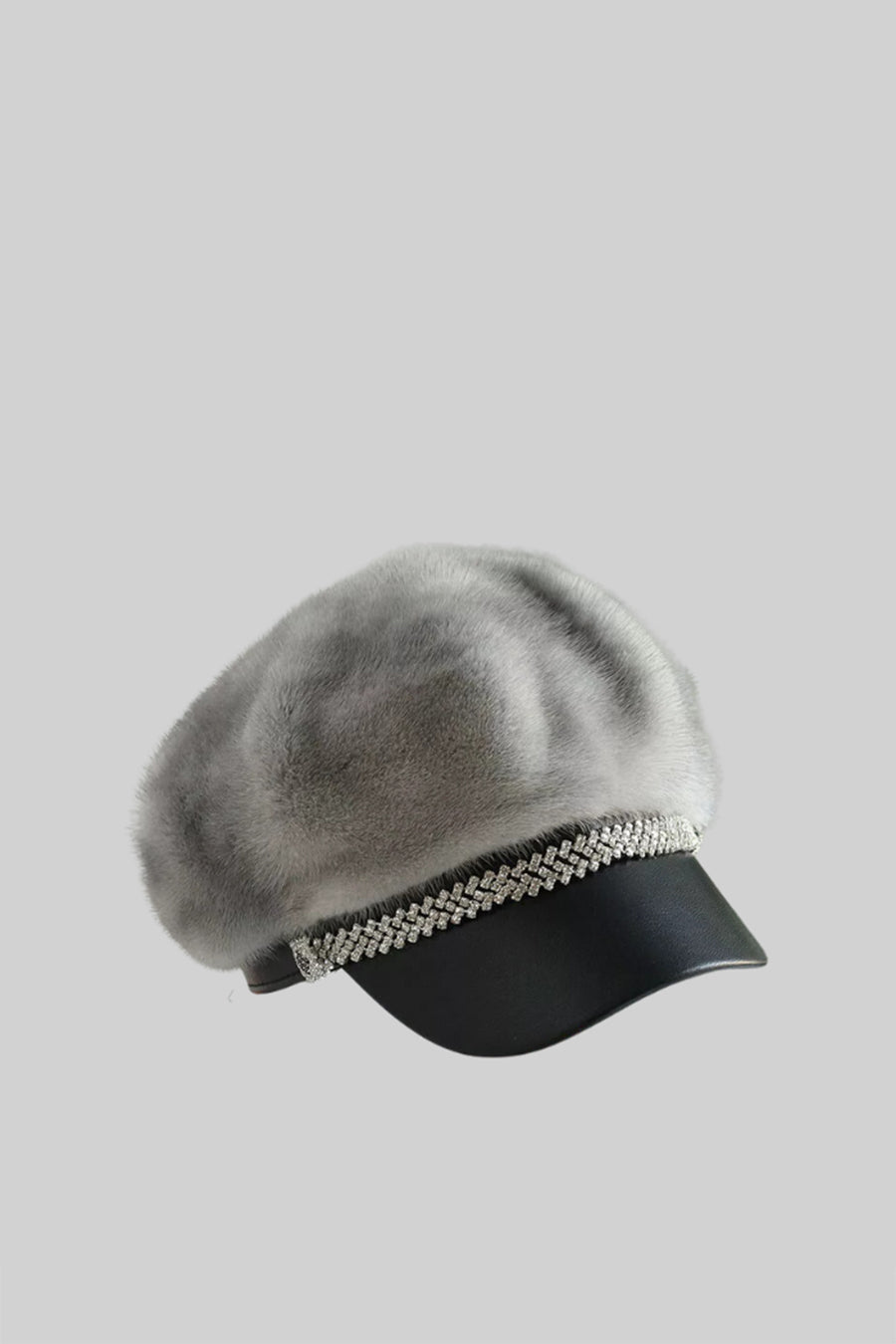 ATISSE – Women’s Gray Mink Fur Hat – Leather Visor & Silver Chain Winter Cap