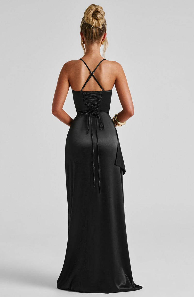 ATISSE HELEN — Draped Satin Maxi Dress (Black)