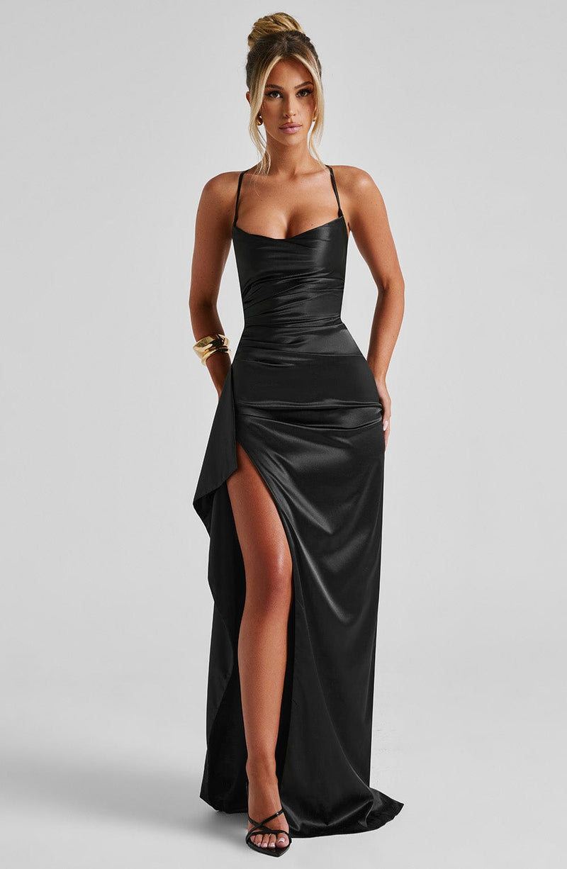 ATISSE HELEN — Draped Satin Maxi Dress (Black)
