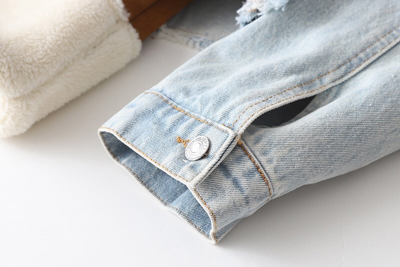 ATISSE HANNAH – Women's Sherpa Denim Jacket – Faux Shearling Cropped Jacket