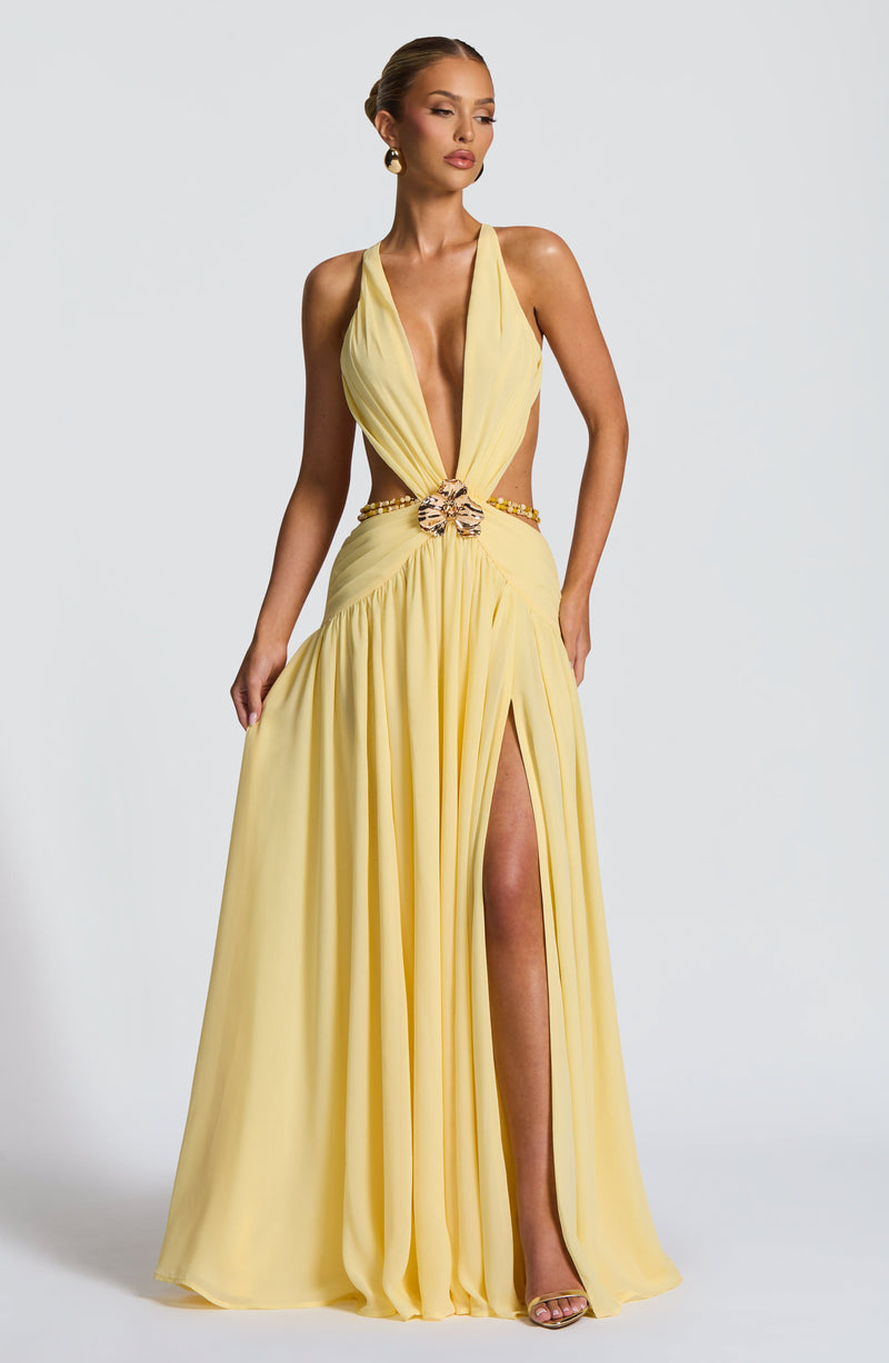 ATISSE LEMON ICON — Vestido maxi halter en amarillo limón