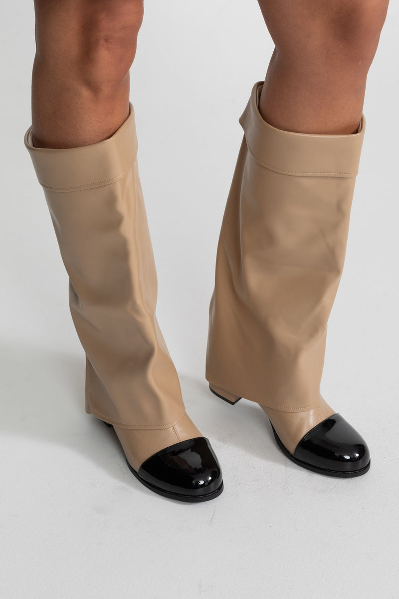 ATISSE – Women’s Beige & Black Knee-High Boots – Vegan Leather Folded Boots with Patent Cap Toe