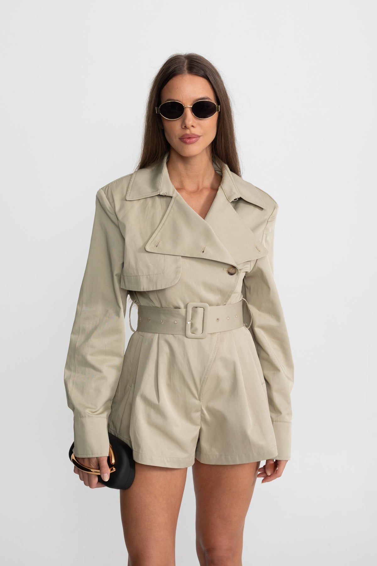 ATISSE – Women’s Belted Trench Jumpsuit – Tailored Beige High-Waist Playsuit – Long Sleeve Utility Romper