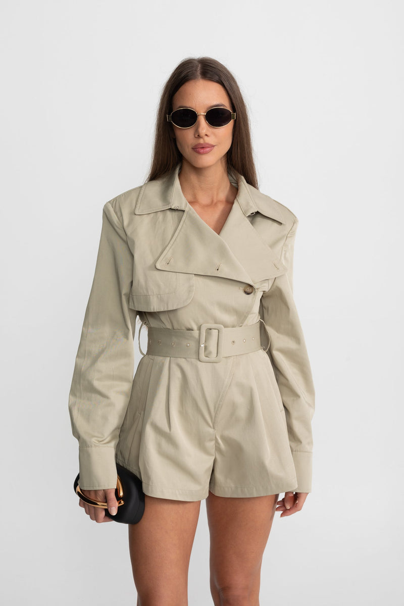 ATISSE – Women’s Belted Trench Jumpsuit – Tailored Beige High-Waist Playsuit – Long Sleeve Utility Romper