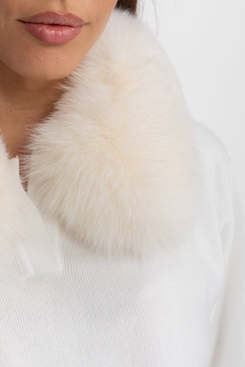 ATISSE – Women's White Knit Two-Piece Lounge Set – Fur Collar Sweater & Wide Leg Pants