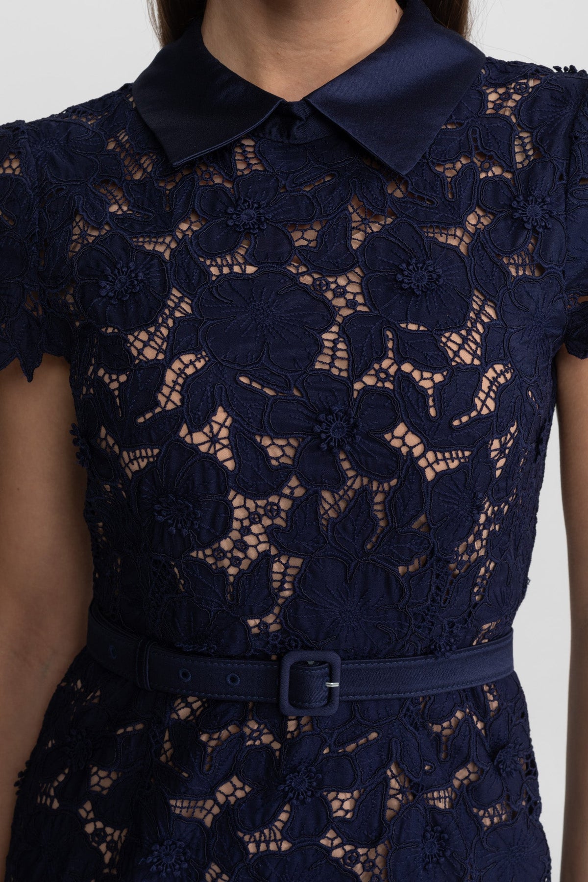 ATISSE – Women’s Navy Lace Midi Dress – Floral Lace Belted Dress – Elegant Evening & Occasion Dress