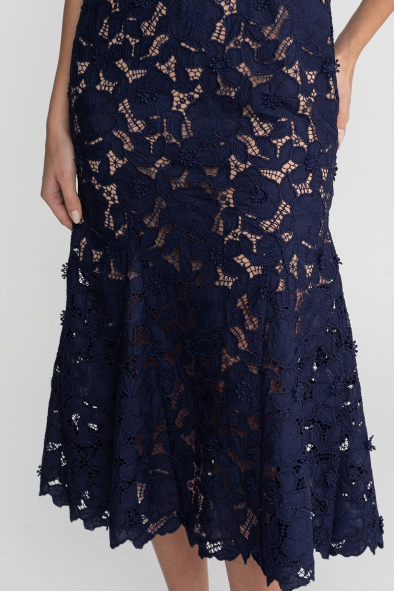 ATISSE – Women’s Navy Lace Midi Dress – Floral Lace Belted Dress – Elegant Evening & Occasion Dress