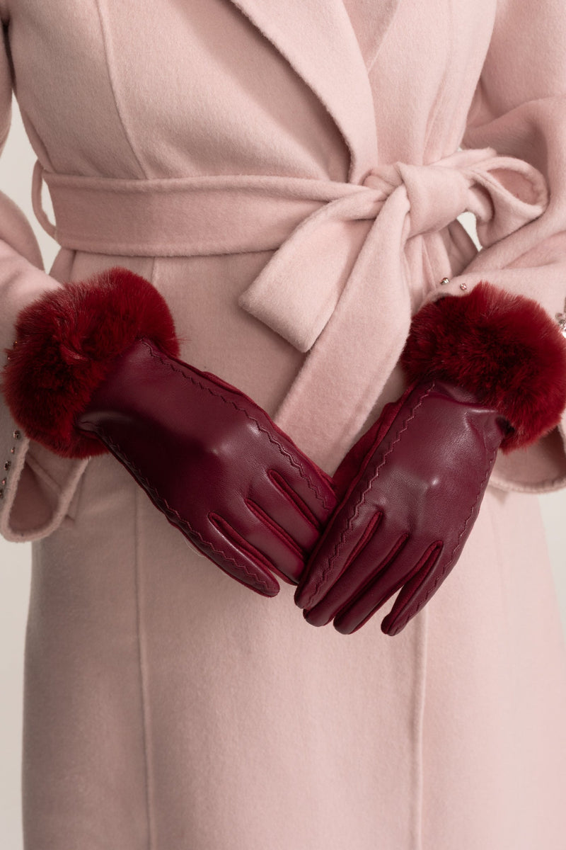 ATISSE – Women’s Burgundy Vegan Leather Gloves – Faux Fur Cuff Winter Gloves