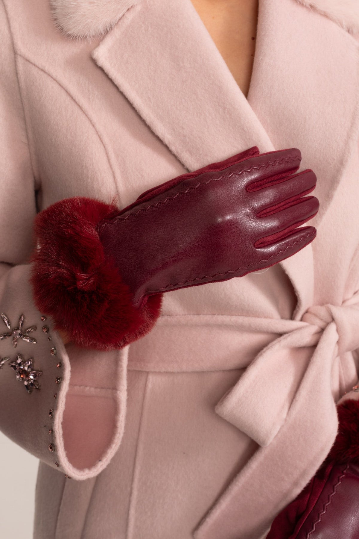 ATISSE – Women’s Burgundy Vegan Leather Gloves – Faux Fur Cuff Winter Gloves