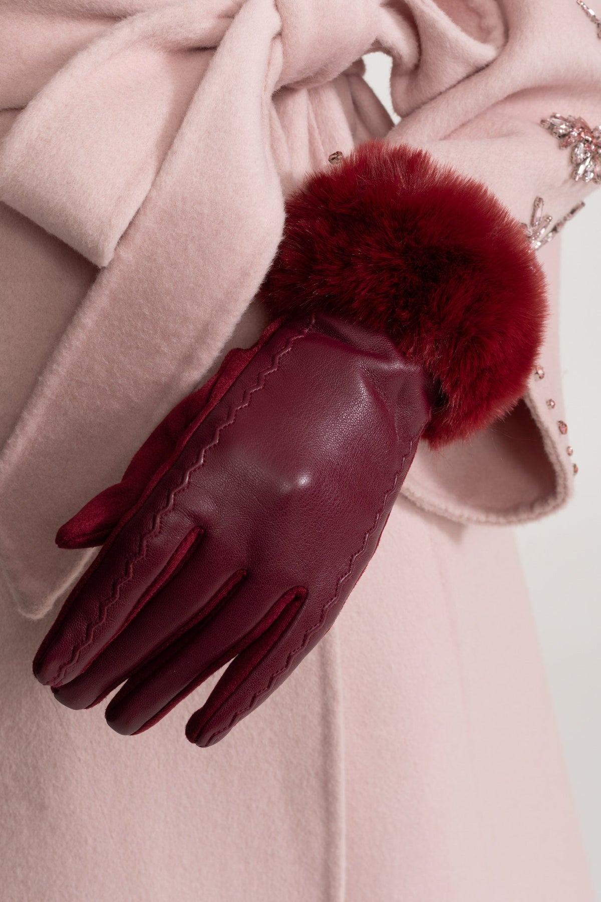 ATISSE – Women’s Burgundy Vegan Leather Gloves – Faux Fur Cuff Winter Gloves