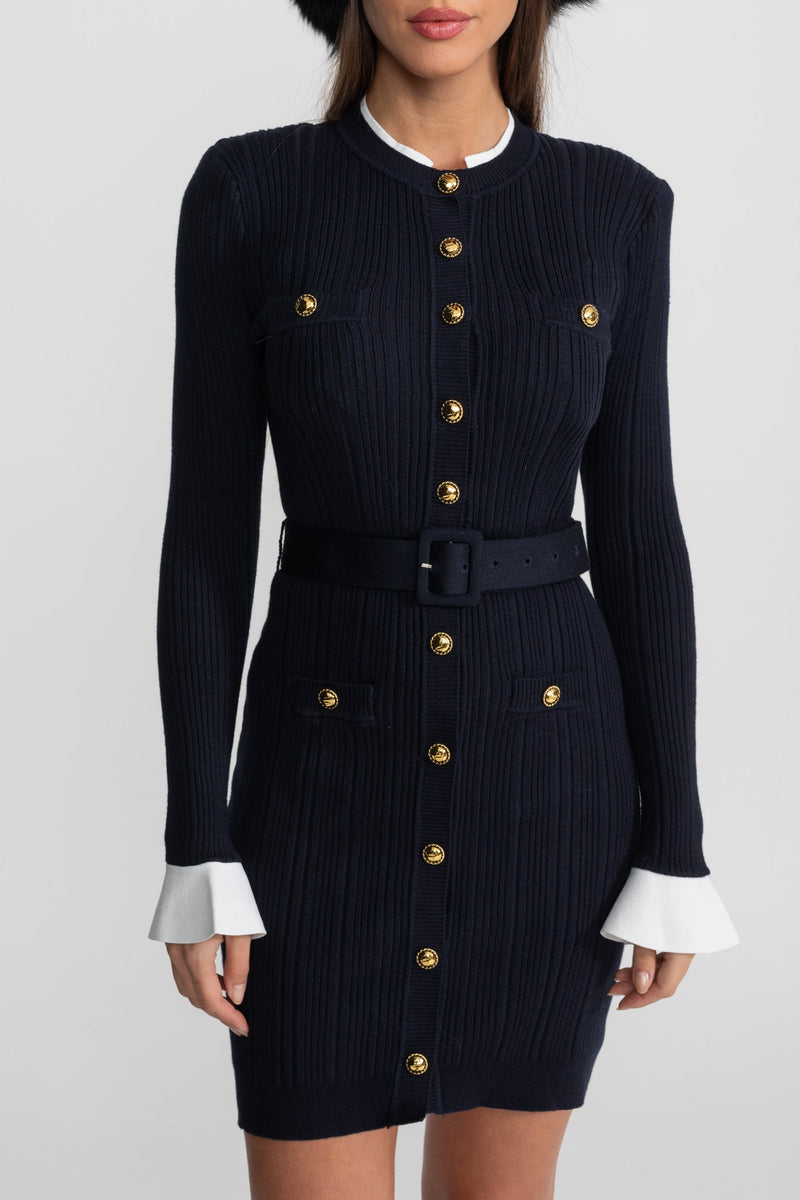 ATISSE – Women's Dark Blue Ribbed Knit Mini Dress – Gold Button Detail, Belted Waist & Long Sleeves
