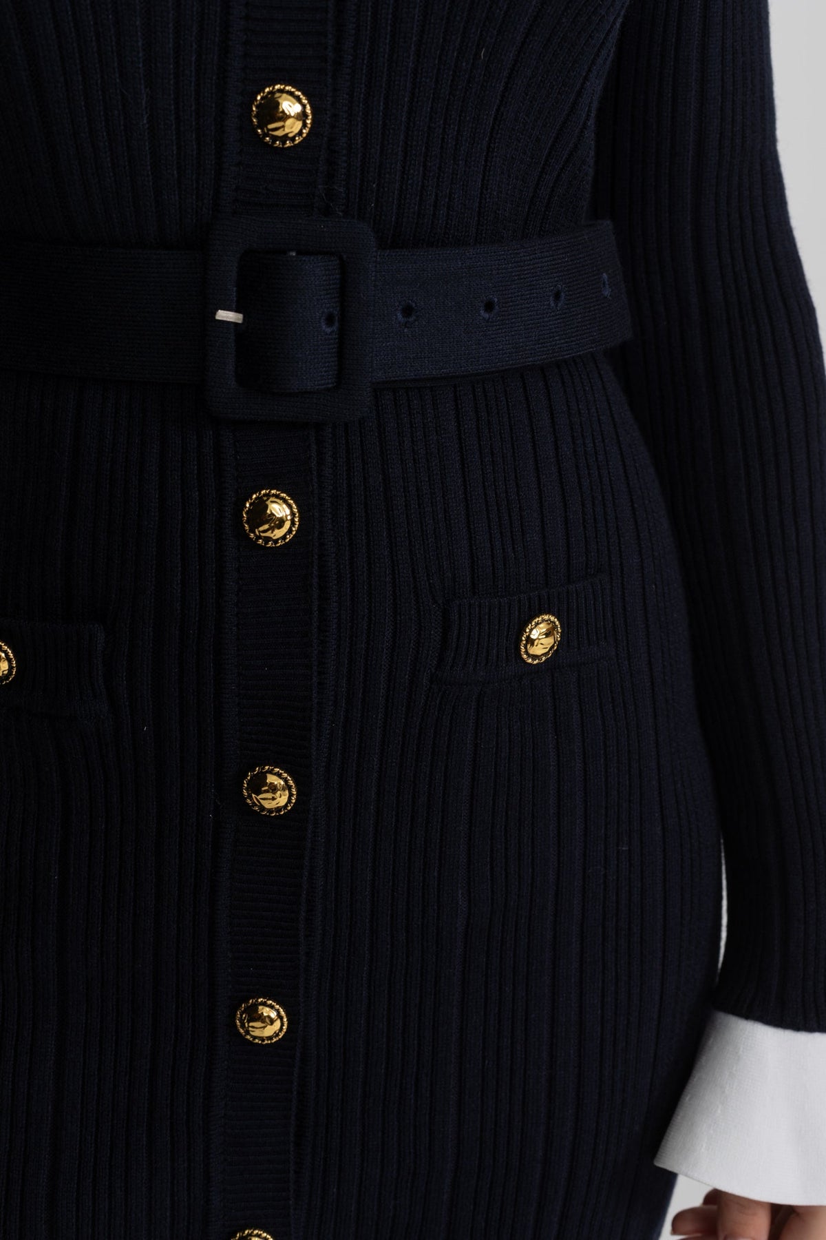 ATISSE – Women's Dark Blue Ribbed Knit Mini Dress – Gold Button Detail, Belted Waist & Long Sleeves