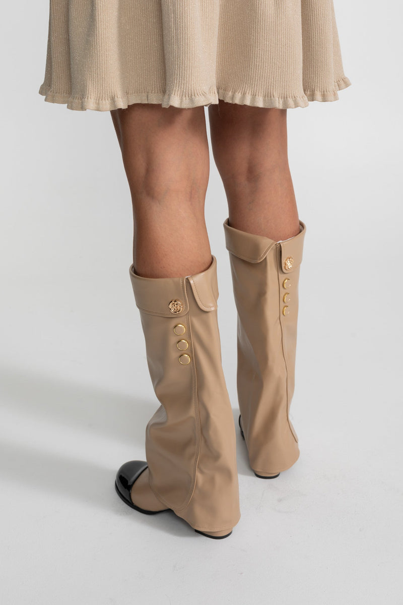 ATISSE – Women’s Beige & Black Knee-High Boots – Vegan Leather Folded Boots with Patent Cap Toe