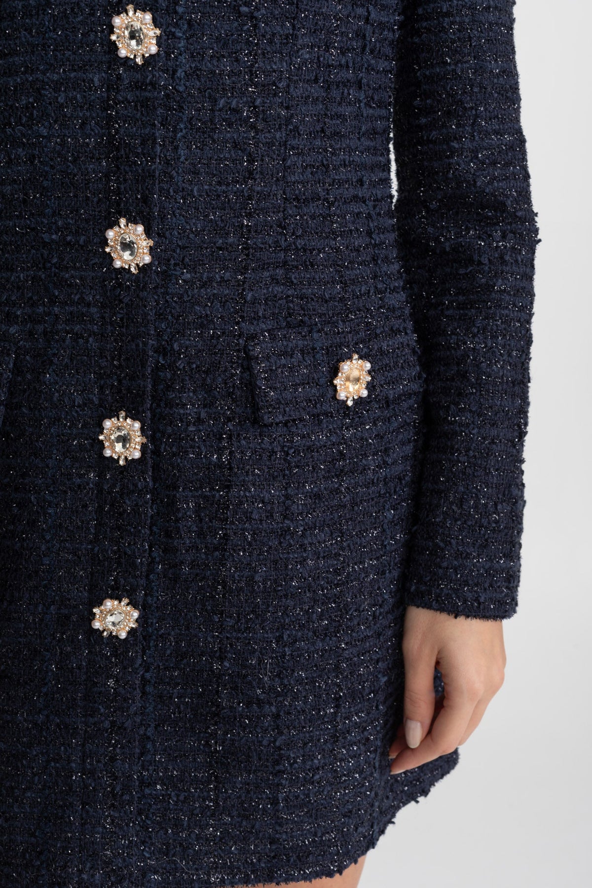 ATISSE – Women's Navy Tweed Mini Dress – Crystal Button Detail, Structured Fit & Long Sleeves