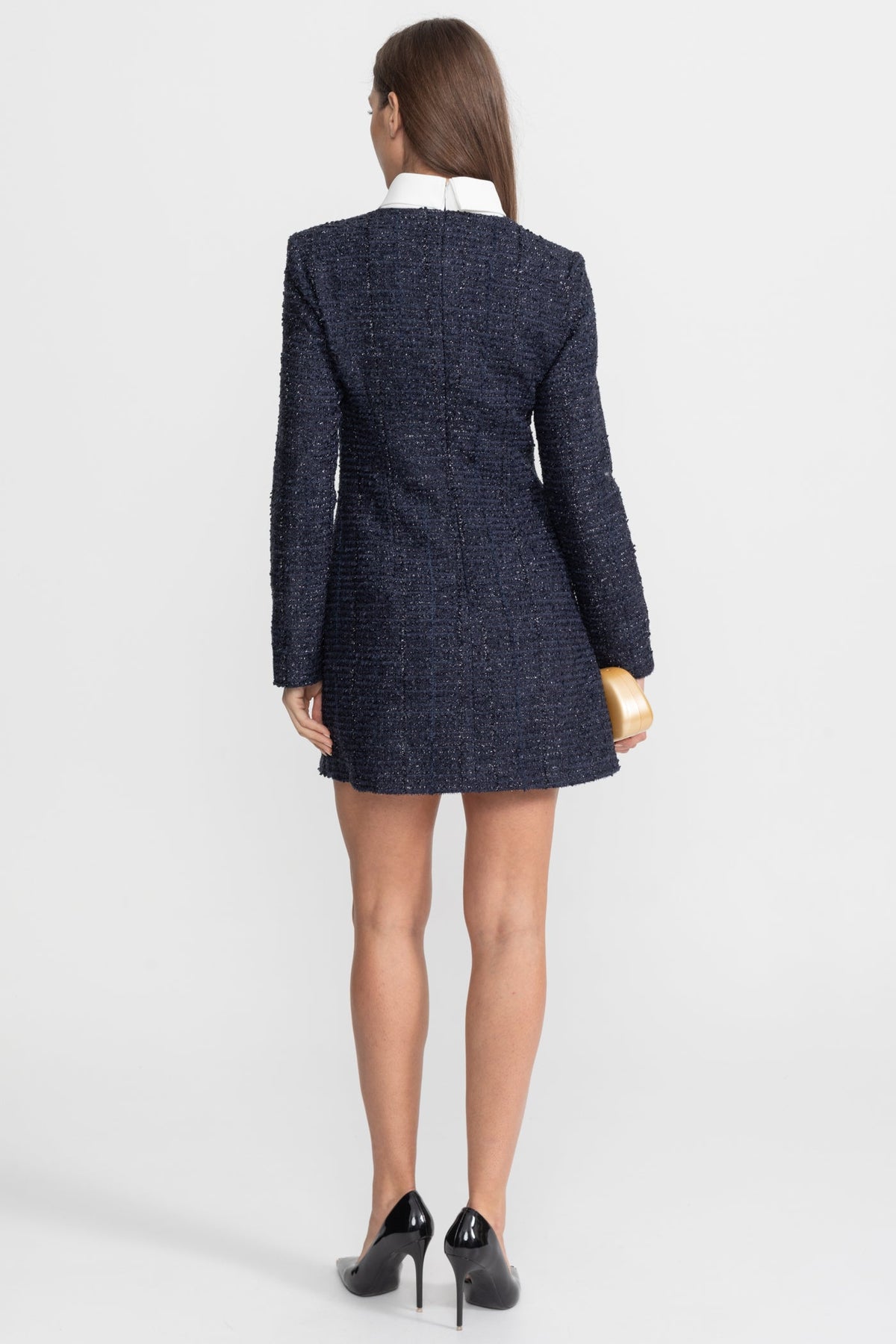 ATISSE – Women's Navy Tweed Mini Dress – Crystal Button Detail, Structured Fit & Long Sleeves