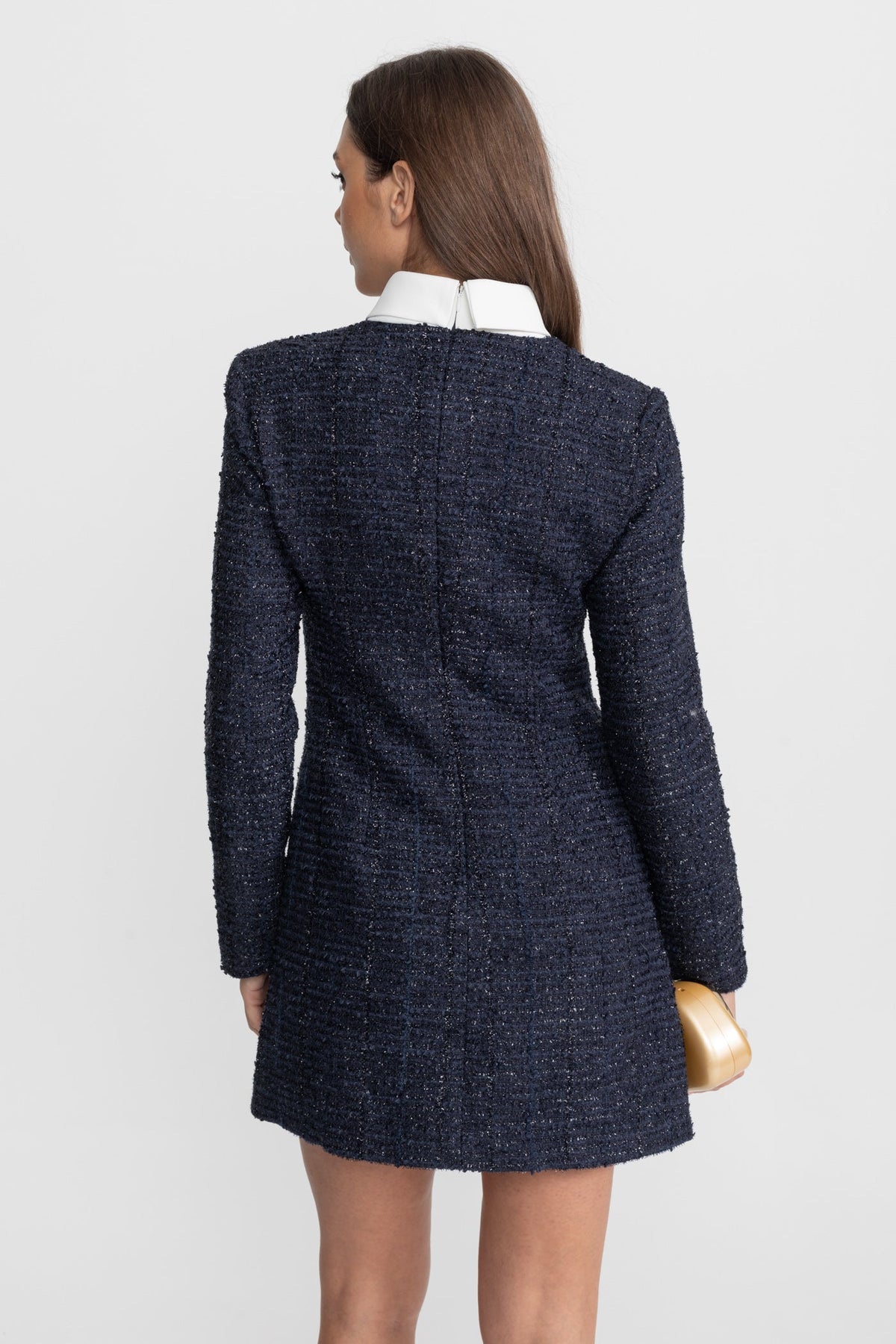 ATISSE – Women's Navy Tweed Mini Dress – Crystal Button Detail, Structured Fit & Long Sleeves
