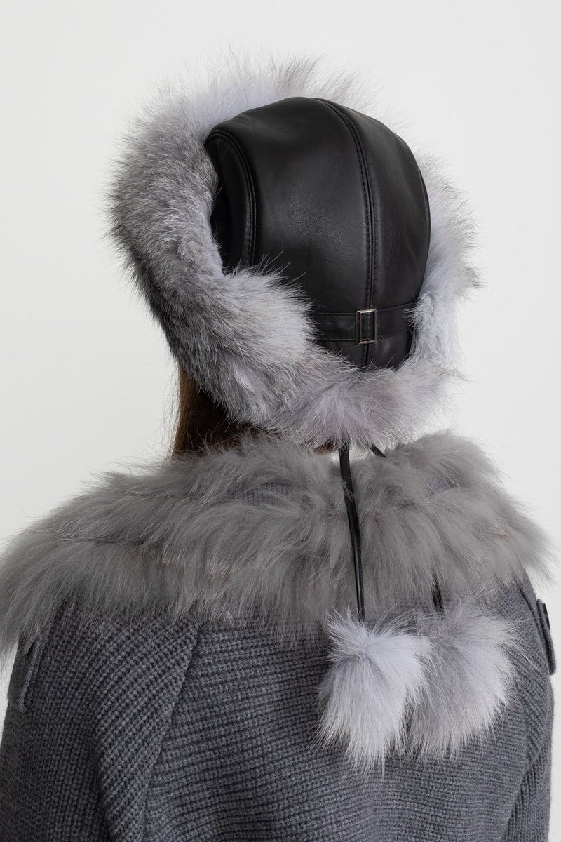 ATISSE – Women’s Grey Fox Fur Hat – Real Fur Trim & Pom-Pom Tie Winter Hat
