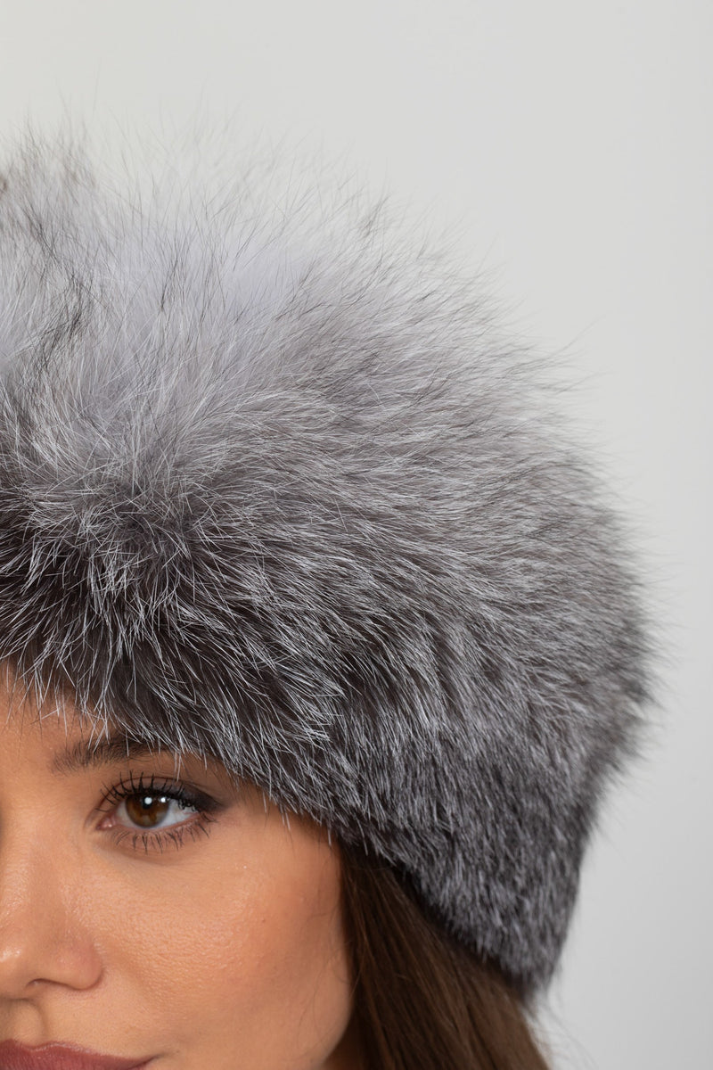 ATISSE – Women’s Grey Fox Fur Hat – Real Fur Trim & Pom-Pom Tie Winter Hat