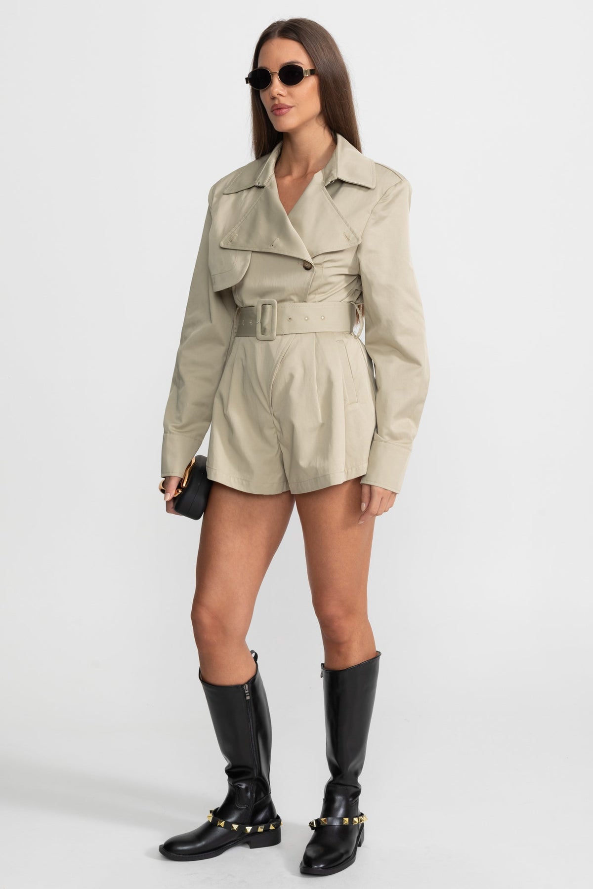 ATISSE – Women’s Belted Trench Jumpsuit – Tailored Beige High-Waist Playsuit – Long Sleeve Utility Romper