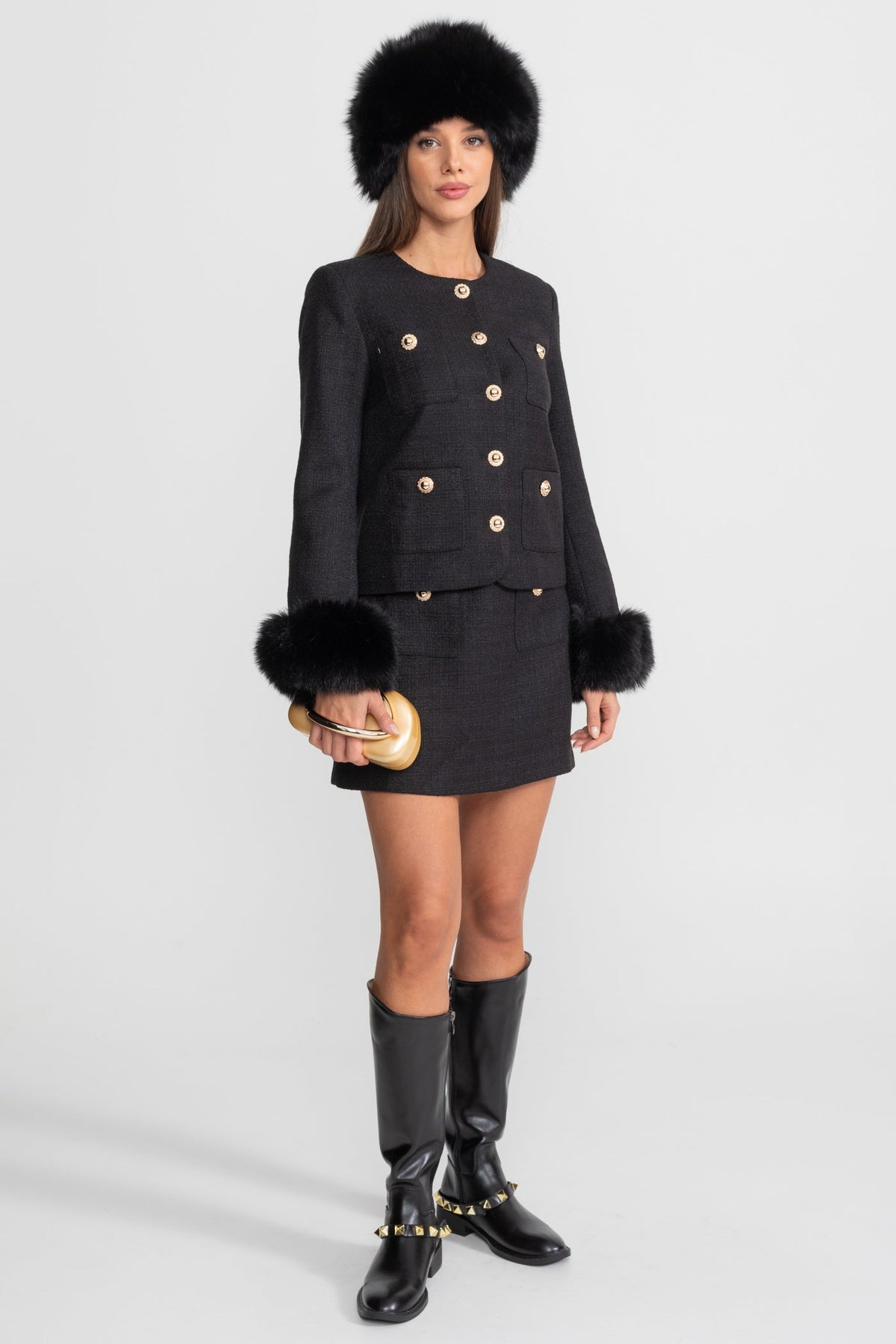 ATISSE – Women's Black Tweed Blazer – Faux Fur Cuffs, Gold Buttons & Structured Tailored Fit