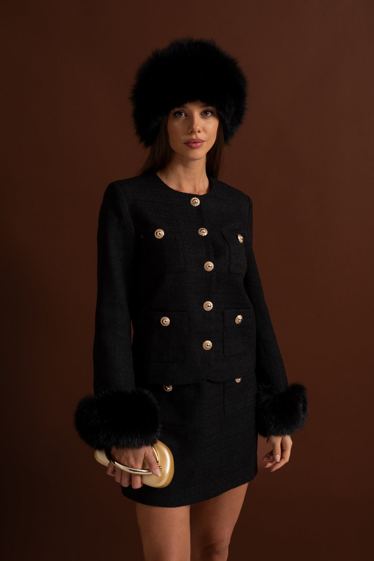 ATISSE – Women's Black Tweed Blazer – Faux Fur Cuffs, Gold Buttons & Structured Tailored Fit