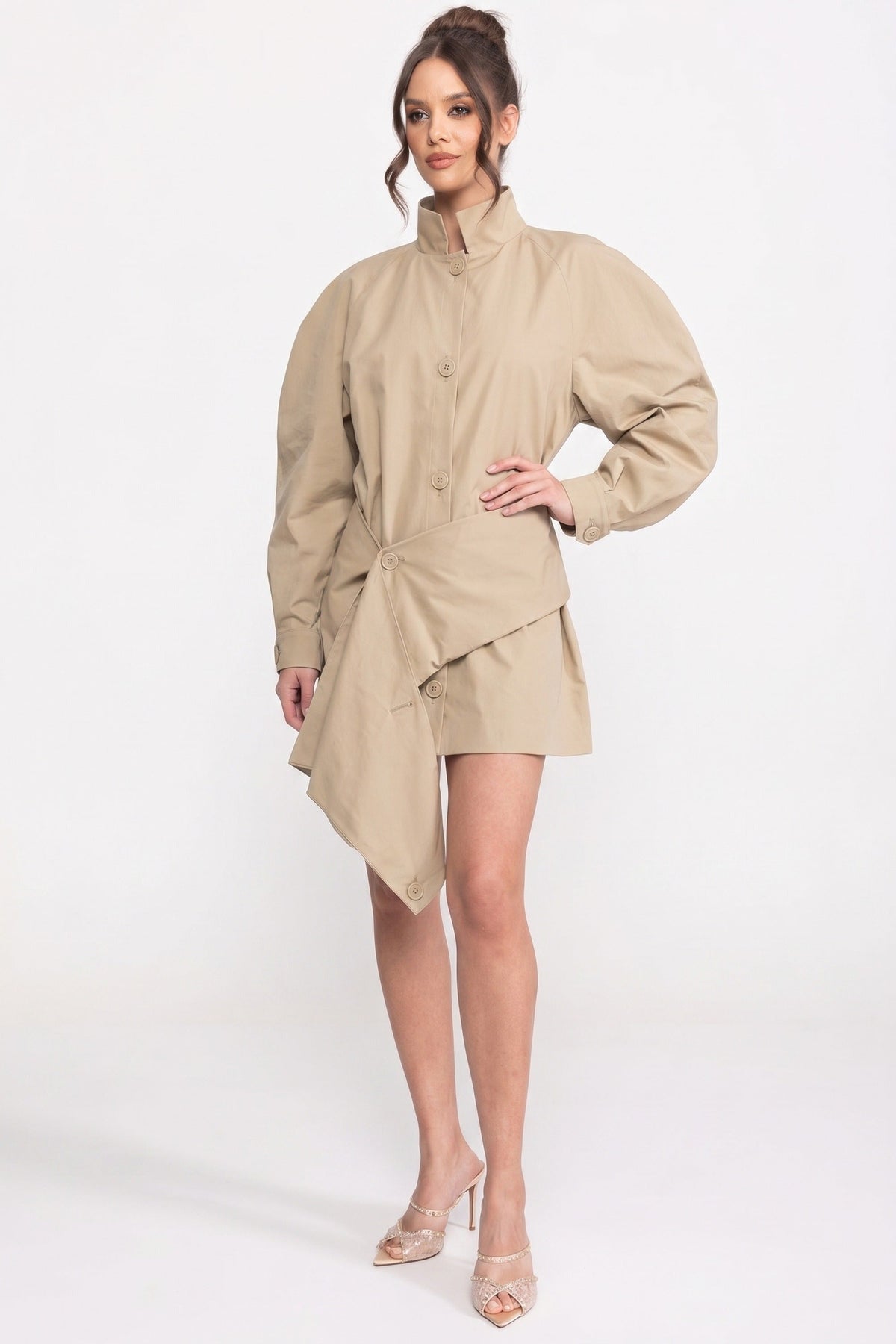 ATISSE – Women’s Oversized Belted Jacket – Balloon Sleeve Asymmetric Hem Jacket – Khaki Statement Outerwear