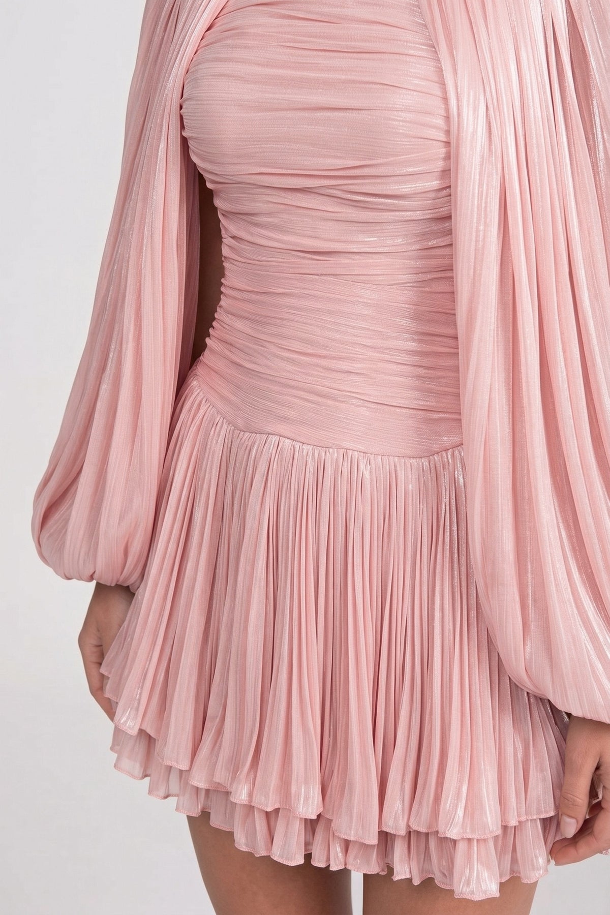 ATISSE – Women’s Pink Pleated Mini Dress – High Neck Balloon Sleeve Party Dress