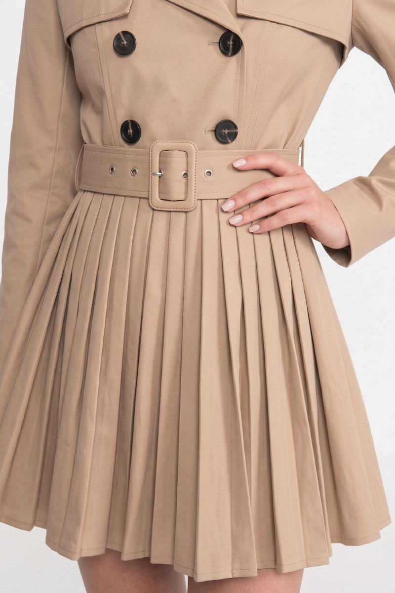 ATISSE – Women’s Pleated Trench Coat – Double-Breasted Belted Khaki Jacket