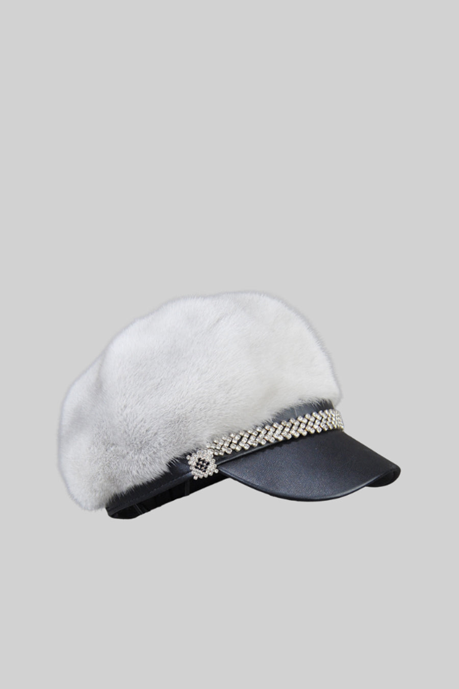 ATISSE – Women’s White Mink Fur Hat – Leather Visor & Silver Chain Winter Cap
